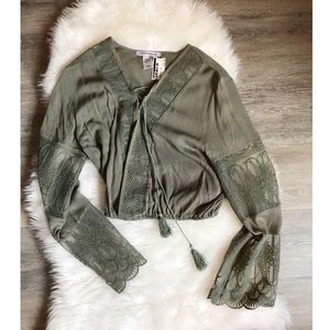 Deep V Tie Blouse with Lace